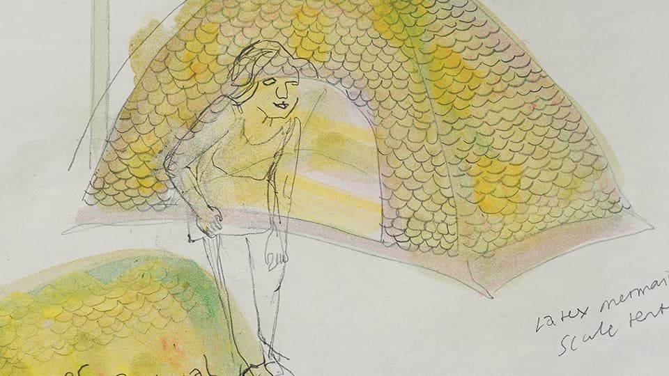 Sketch of a yellow tent decorated with scales. There is a female figure standing outside the tent.